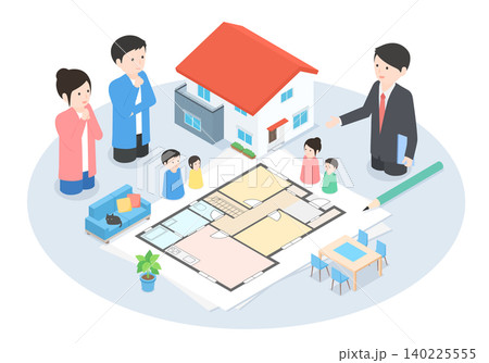 住宅アドバイザーと一緒に間取り図を見ながら家づくりの相談をしている夫婦のイラスト 住宅アドバイザーと一緒に間取り図を見ながら家づくりの相談をしている夫婦のイラスト 140225555