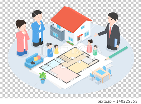 住宅アドバイザーと一緒に間取り図を見ながら家づくりの相談をしている夫婦のイラスト 住宅アドバイザーと一緒に間取り図を見ながら家づくりの相談をしている夫婦のイラスト 140225555