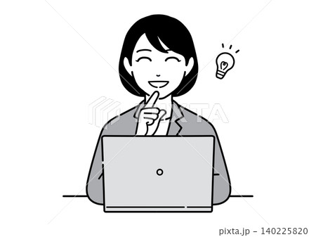 パソコンの前でアイデアを思いつくスーツ姿の若い女性 会社員 正面 パソコンの前でアイデアを思いつくスーツ姿の若い女性 会社員 正面 140225820