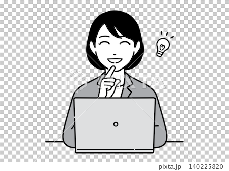 パソコンの前でアイデアを思いつくスーツ姿の若い女性 会社員 正面 パソコンの前でアイデアを思いつくスーツ姿の若い女性 会社員 正面 140225820