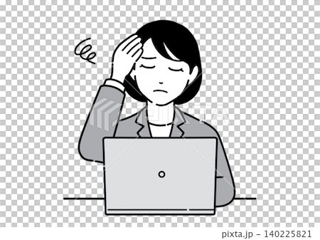 パソコンの前で頭を抱えるスーツ姿の若い女性 会社員 正面 パソコンの前で頭を抱えるスーツ姿の若い女性 会社員 正面 140225821