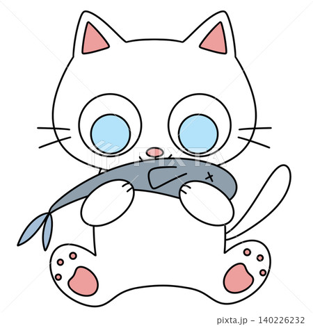 Cute white cat holds fish in paws Cute white cat holds fish in paws 140226232