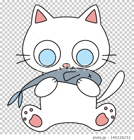 Cute white cat holds fish in paws Cute white cat holds fish in paws 140226232