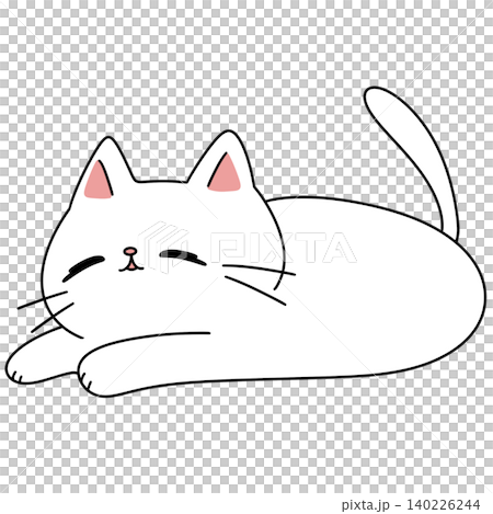 Cute cartoon cat lies relaxed, eyes half-closed Cute cartoon cat lies relaxed, eyes half-closed 140226244