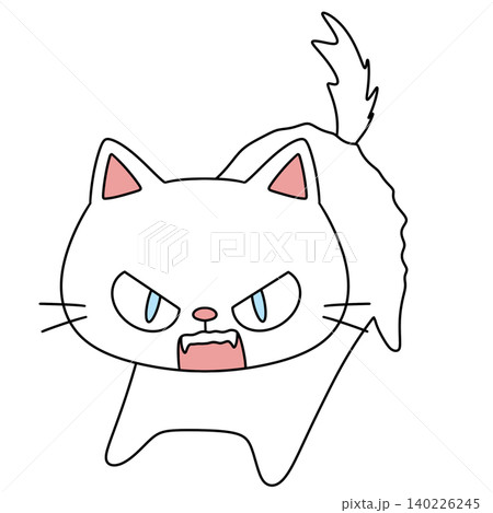 White cartoon cat with angry eyes and raised tail White cartoon cat with angry eyes and raised tail 140226245
