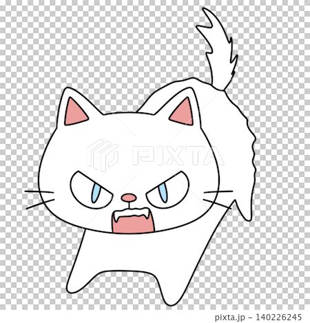 White cartoon cat with angry eyes and raised tail 140226245