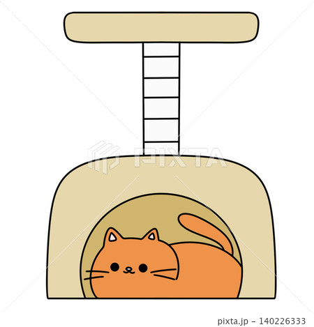 Cute orange cat curls inside cozy cat tree hideaway Cute orange cat curls inside cozy cat tree hideaway 140226333