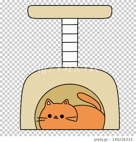 Cute orange cat curls inside cozy cat tree hideaway Cute orange cat curls inside cozy cat tree hideaway 140226333