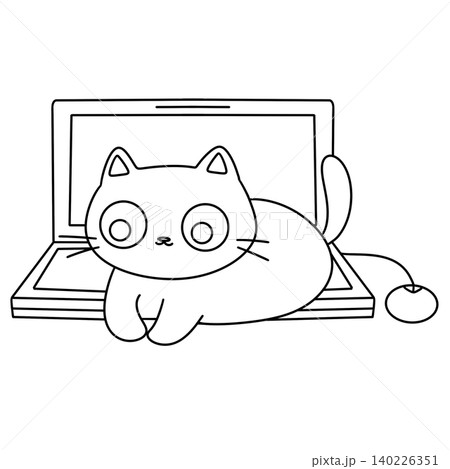 Cute cartoon cat sits beside laptop Cute cartoon cat sits beside laptop 140226351