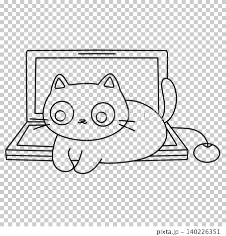 Cute cartoon cat sits beside laptop Cute cartoon cat sits beside laptop 140226351