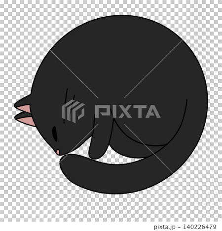 Cozy black cat curls in peaceful sleep 140226479