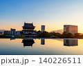 Kokura Castle with skyline reflection on pond at sunset, Kitakyushu 140226511