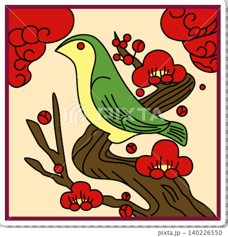 Sticker-style square Hanafuda icon: Plum blossom and nightingale Sticker-style square Hanafuda icon: Plum blossom and nightingale 140226550