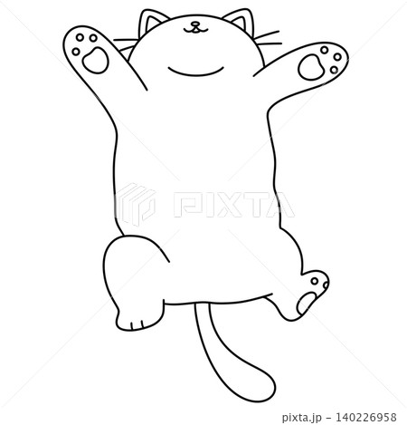 Cute cartoon cat stretches happily in simple black outline Cute cartoon cat stretches happily in simple black outline 140226958