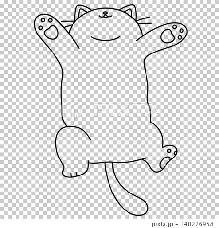 Cute cartoon cat stretches happily in simple black outline Cute cartoon cat stretches happily in simple black outline 140226958