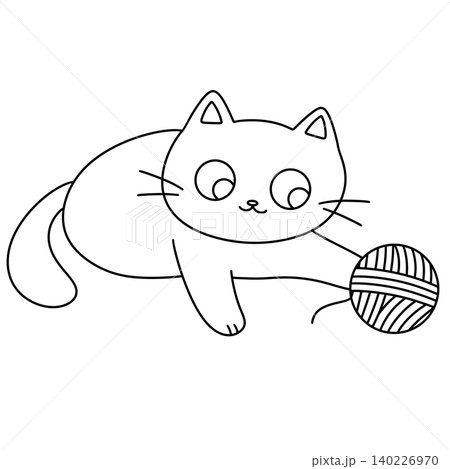 Cute cartoon cat plays with yarn ball 140226970