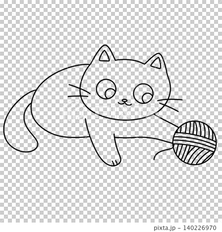 Cute cartoon cat plays with yarn ball 140226970