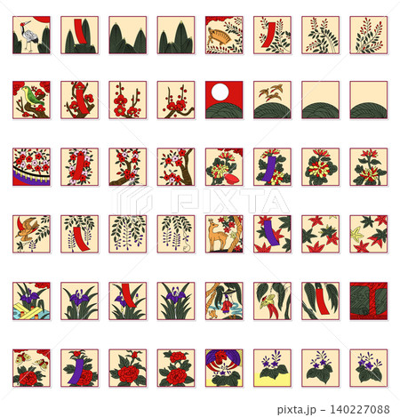 ステッカー風の正方形花札イラストアイコンセット(背景なし) ステッカー風の正方形花札イラストアイコンセット(背景なし) 140227088