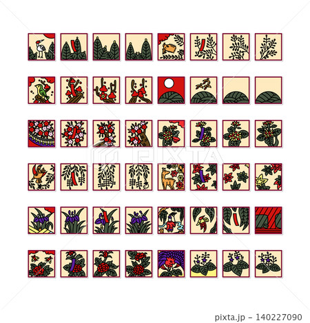 ステッカー風の正方形ミニ花札イラストアイコンセット(背景なし) ステッカー風の正方形ミニ花札イラストアイコンセット(背景なし) 140227090