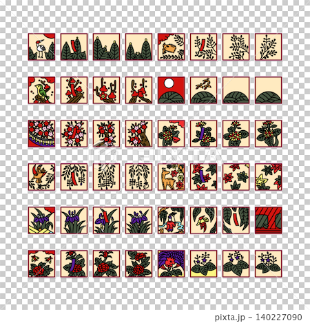 ステッカー風の正方形ミニ花札イラストアイコンセット(背景なし) ステッカー風の正方形ミニ花札イラストアイコンセット(背景なし) 140227090