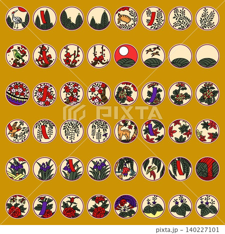 ステッカー風の円形シンプル花札イラストアイコンセット 140227101