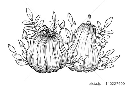 Composition of pumpkins, mushroom and a branch with leaves. Hand-drawn vector illustration with a botanical theme. Black and white graphics. Autumn garden art for holidays, Thanksgiving, invitations 140227600