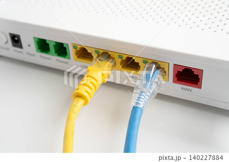 Ethernet cable with wireless router connect to internet service provider network. 140227884