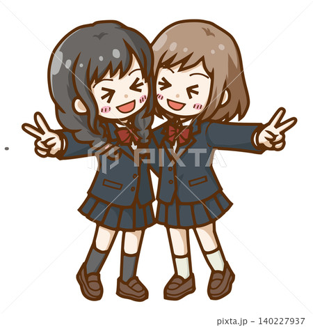 笑顔でピースサインをする女子高校生2人のイラスト｜仲良しの友達・学生 140227937