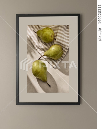 Black Picture Frame Mockup on Beige Wall with Green Pears Art Print Black Picture Frame Mockup on Beige Wall with Green Pears Art Print 140228311