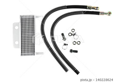 Motorcycle engine oil cooler kit with aluminum radiator radiator hoses and hardware. Motorcycle engine oil cooler kit with aluminum radiator radiator hoses and hardware. 140228624