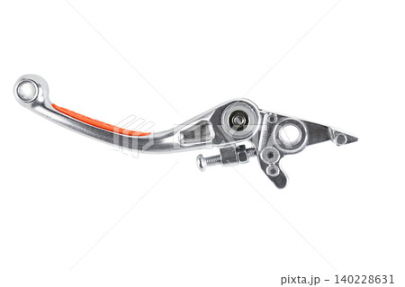 Motorcycle aluminum brake lever with orange rubber grip insert isolated on white. Motorcycle aluminum brake lever with orange rubber grip insert isolated on white. 140228631