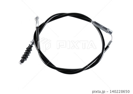 Motorcycle brake control cable with black housing sleeve and hex adjuster top view. Motorcycle brake control cable with black housing sleeve and hex adjuster top view. 140228650