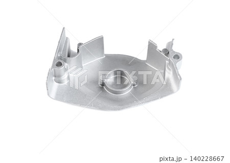 Motorcycle engine aluminum sprocket drive chain cover protector housing isolated. Motorcycle engine aluminum sprocket drive chain cover protector housing isolated. 140228667