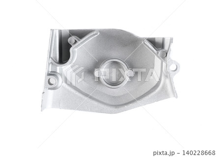 Motorcycle engine aluminum sprocket drive chain cover inner side view isolated on white. Motorcycle engine aluminum sprocket drive chain cover inner side view isolated on white. 140228668