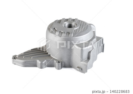 Motorcycle engine aluminum stator ignition cover with threaded inspection port isolated. 140228683