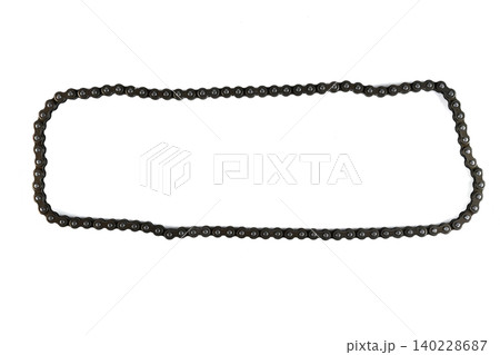 Motorcycle engine steel roller timing drive chain replacement hardware loop top view. Motorcycle engine steel roller timing drive chain replacement hardware loop top view. 140228687