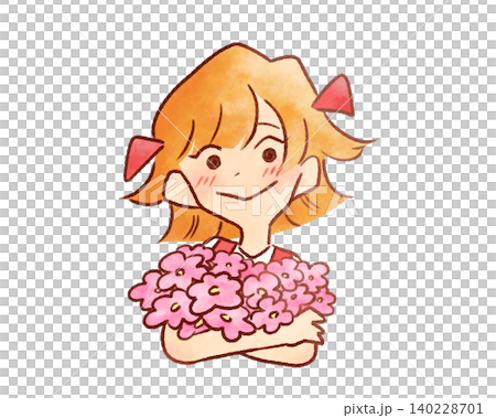 A girl holding a bouquet of flowers, watercolor style (hand-drawn) 140228701