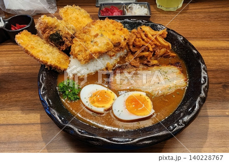 Japanese Curry Rice with Fried Pork Cutlet Chashu and Soft Boiled Eggs 140228767