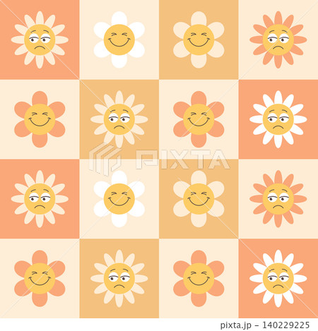Cute flower seamless pattern. Seamless pattern with smiling and sad daisy flowers on a checkerboard background. Cute flower seamless pattern. Seamless pattern with smiling and sad daisy flowers on a checkerboard background. 140229225