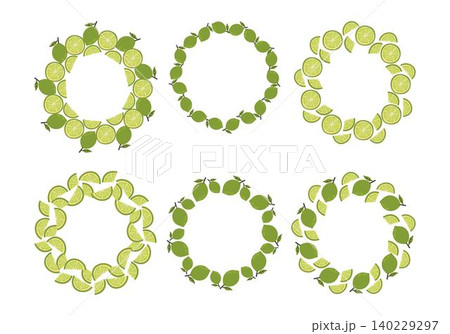 A set of wreath with green limes and leaves arranged in a circle. Bright and fresh citrus design perfect for summer themes, tropical backgrounds and food packaging 140229297