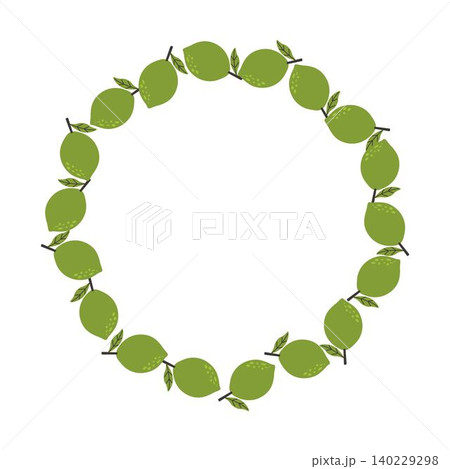 A wreath with green limes and leaves arranged in a circle. Bright and fresh citrus design perfect for summer themes, tropical backgrounds and food packaging 140229298
