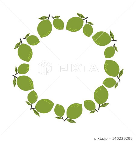 A wreath with green limes and leaves arranged in a circle. Bright and fresh citrus design perfect for summer themes, tropical backgrounds and food packaging 140229299