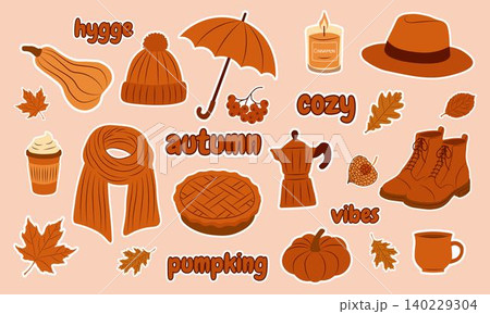 Autumn cozy sticker set. Cute fall elements for scrapbooking. Pumpkins, teapot, leaves, candle, pie. Ideal for fall season, social media, planner and harvest designs 140229304