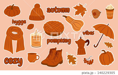 Autumn cozy sticker set. Cute fall elements for scrapbooking. Pumpkins, teapot, leaves, candle, pie. Ideal for fall season, social media, planner, and harvest designs 140229305