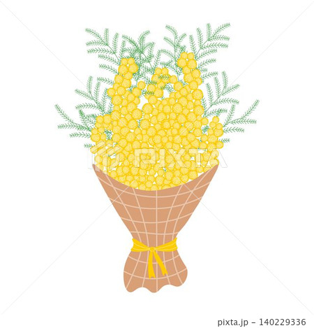 Bouquet of yellow mimosa wrapped in decorative paper, tied with a ribbon. Floral illustration in a soft, elegant style for spring holidays Bouquet of yellow mimosa wrapped in decorative paper, tied with a ribbon. Floral illustration in a soft, elegant style for spring holidays 140229336