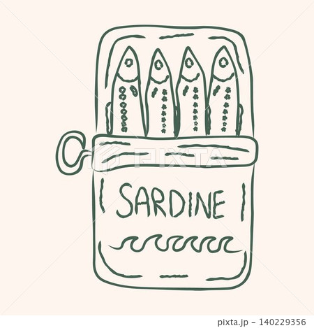 Canned fish sardines hand drawn minimal design. Retro canned design. Fish vintage artwork Canned fish sardines hand drawn minimal design. Retro canned design. Fish vintage artwork 140229356