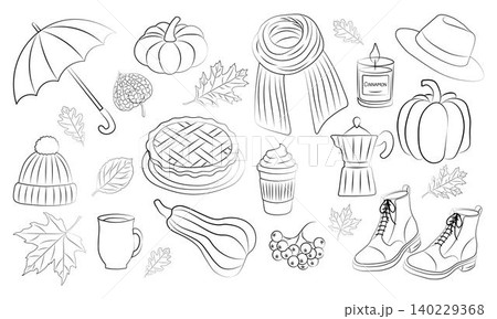 Cozy autumn doodle set. Hand drawn fall clipart with leaves, pumpkins, candle, pie and seasonal elements. Perfect for season designs, harvest festival and coloring activities 140229368