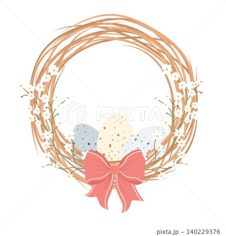 Decorative Easter wreath made of twigs willow with eggs and bow. Easter greeting card 140229376
