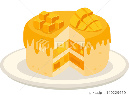 mango cake illustration featuring layered dessert with fresh tropical fruit topping on a plate mango cake illustration featuring layered dessert with fresh tropical fruit topping on a plate 140229430