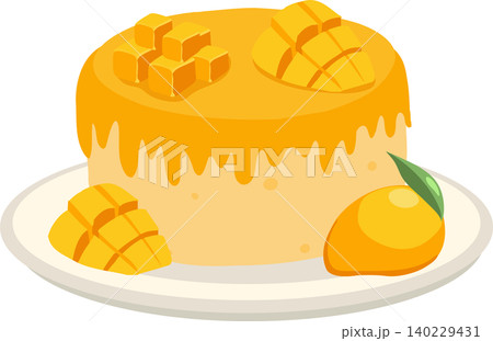 mango cake with fresh sliced mango and cubes on plate for bakery dessert, birthday cake, or tropical fruit artwork mango cake with fresh sliced mango and cubes on plate for bakery dessert, birthday cake, or tropical fruit artwork 140229431